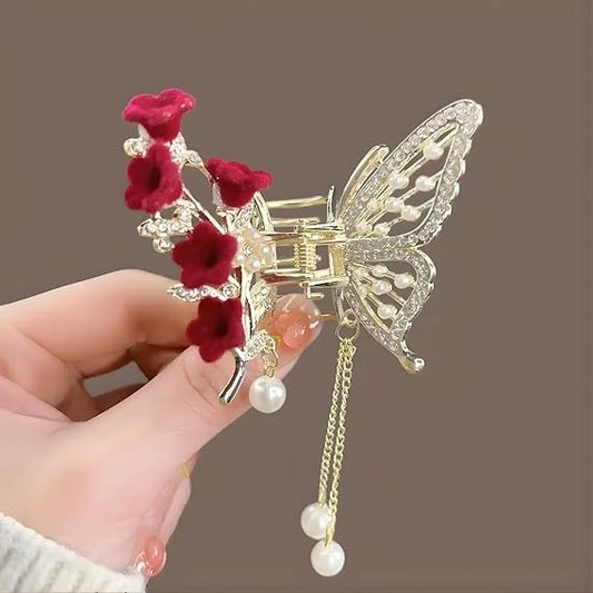 Luxury Butterfly Hair Claw Clip with Sparkling Rhinestones, Velvet Flowers & Dangling Pearl Tassels - Elegant Decorative Hair Accessory for Women, Girls, Brides, Weddings, Parties